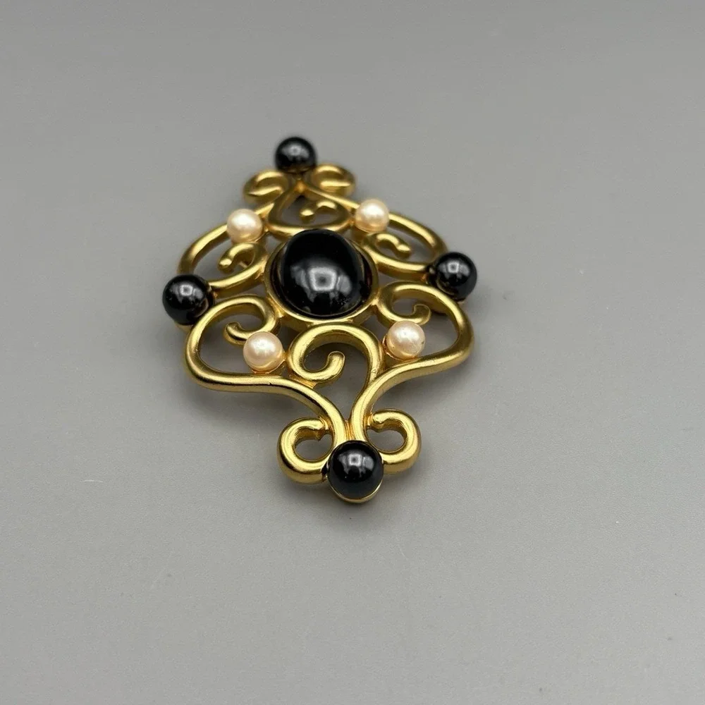 Vintage Monet Pin Brooch Gold Tone Simulated Pearls Scrolls Etruscan Revival